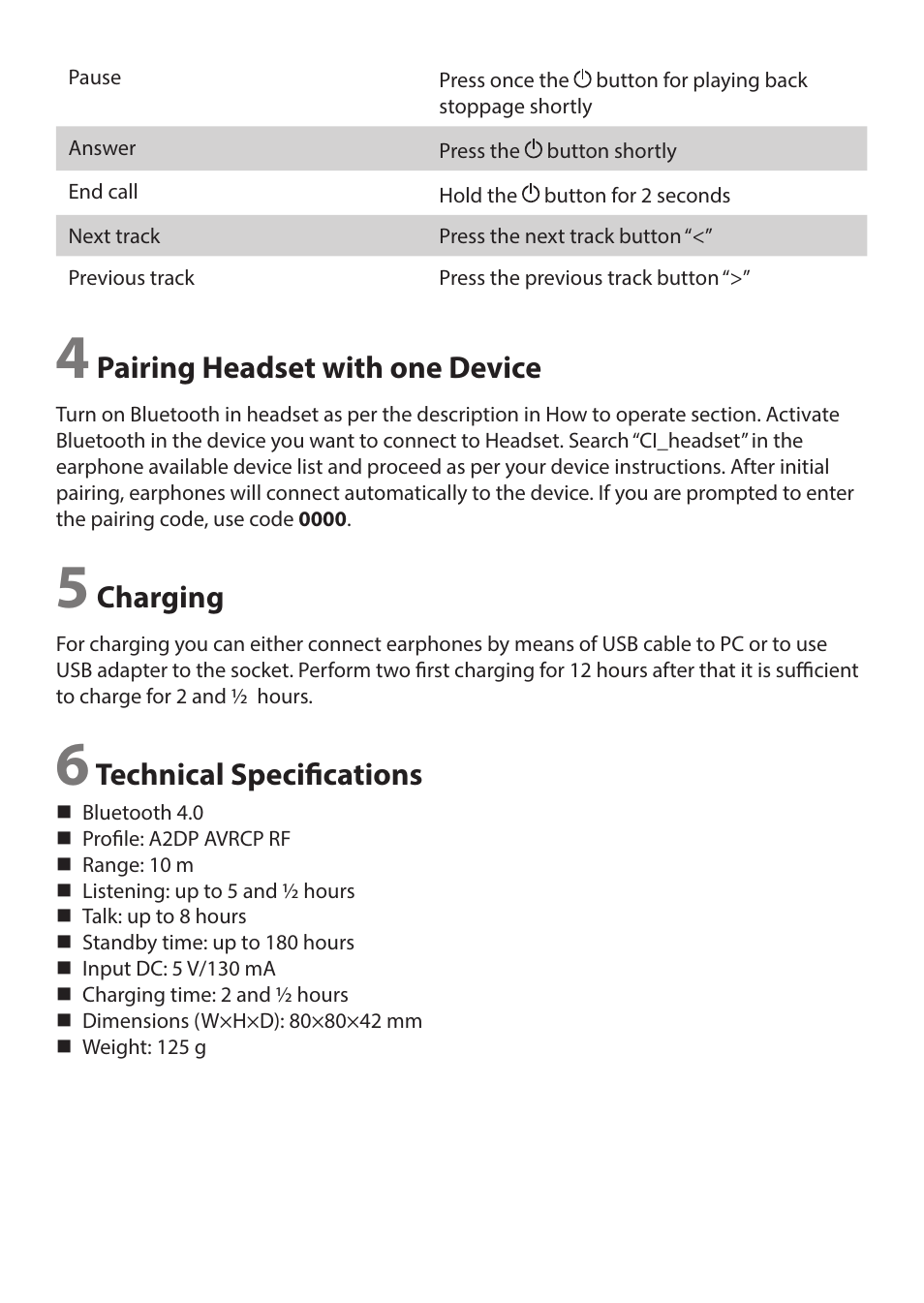 Pairing headset with one device, Charging, Technical specifications | CONNECT IT CI-145 User Manual | Page 3 / 3