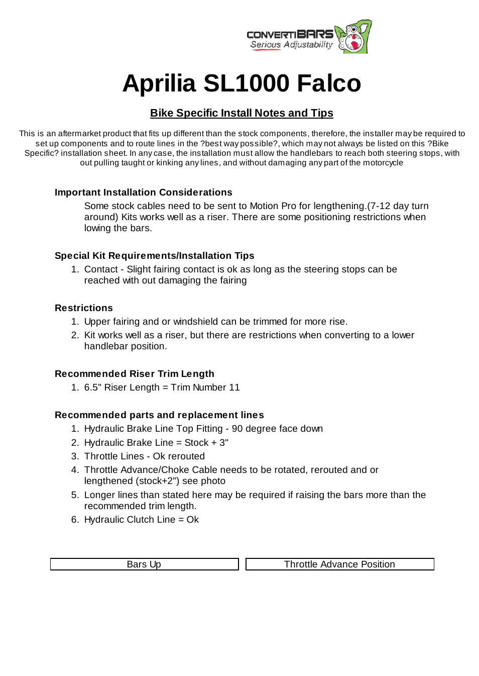 ConvertiBARS Aprilia: SL1000 Falco User Manual | 2 pages