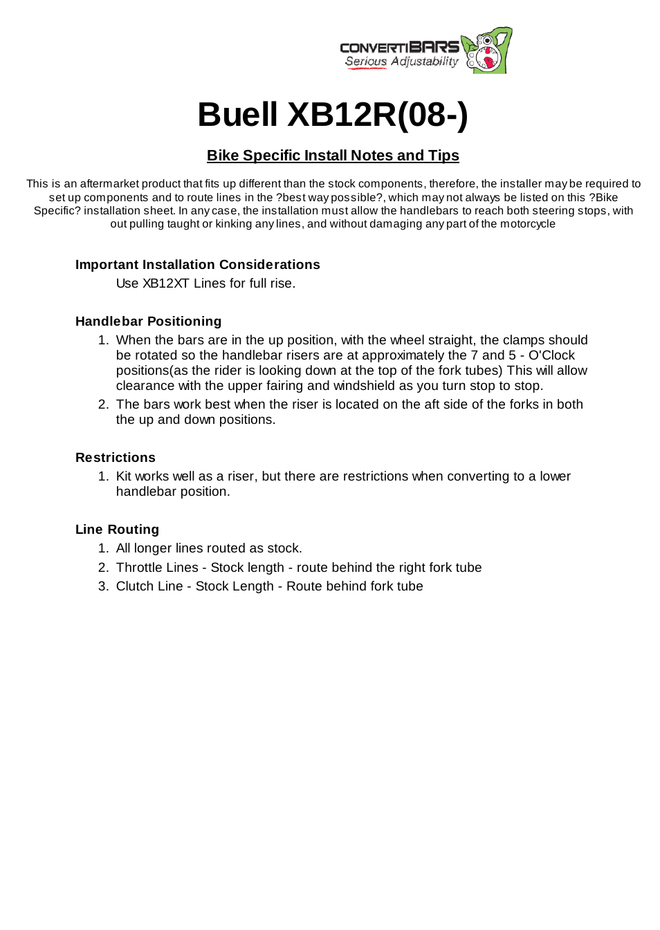ConvertiBARS Buell: XB12R(08-) User Manual | 1 page