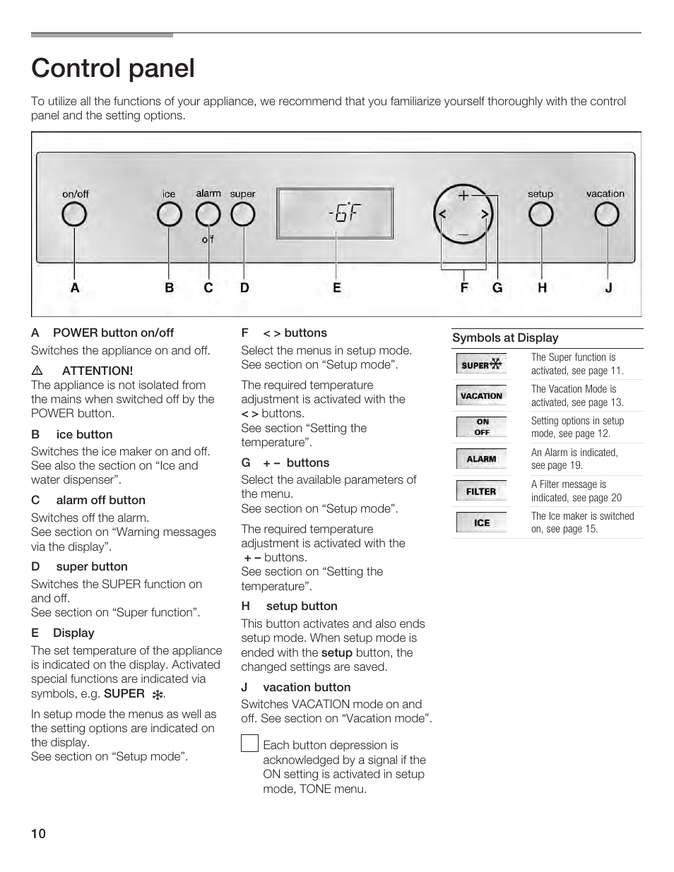 Control panel | Bosch B24IF User Manual | Page 10 / 84