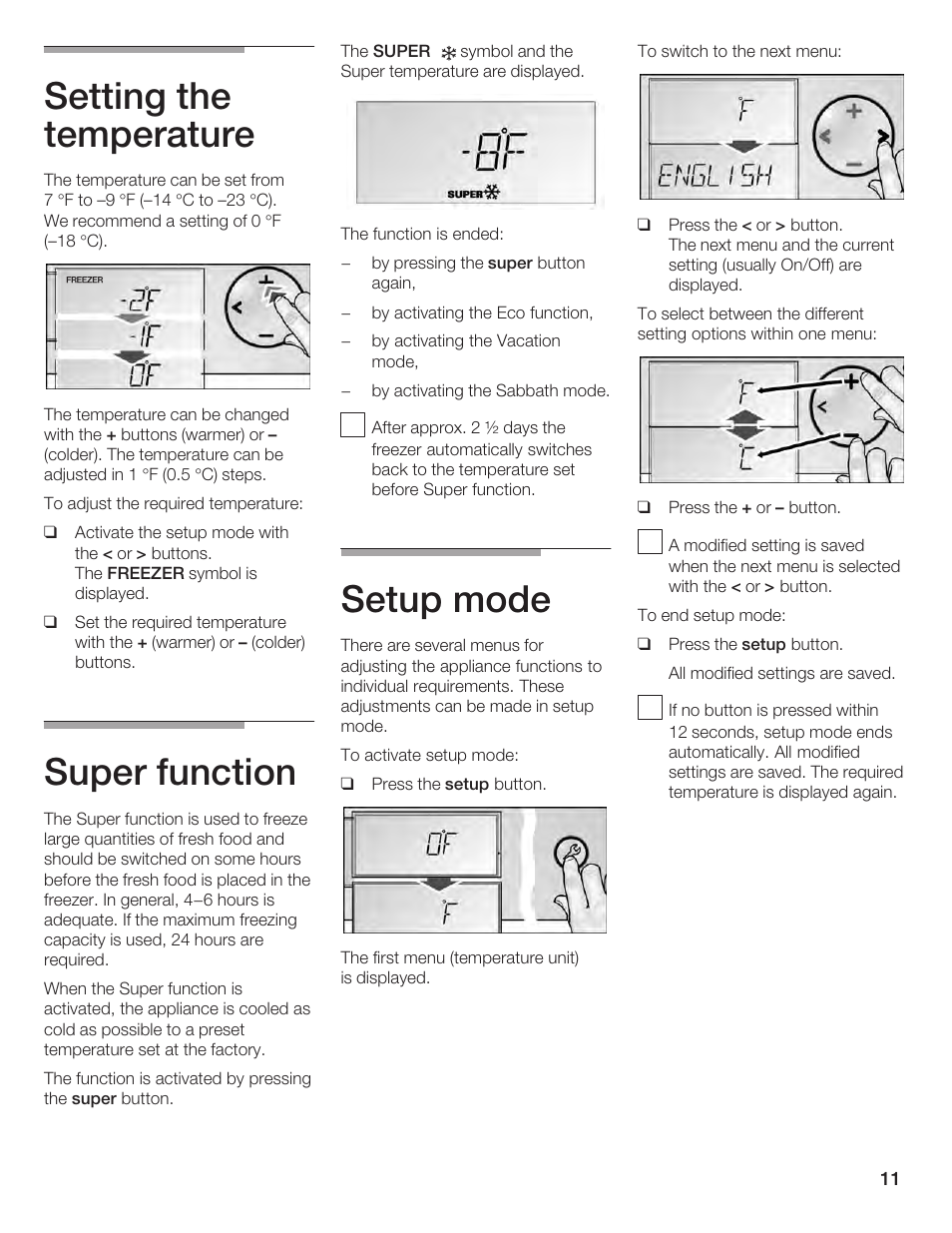 Setting the temperature, Super function, Setup mode | Bosch B24IF User Manual | Page 11 / 84