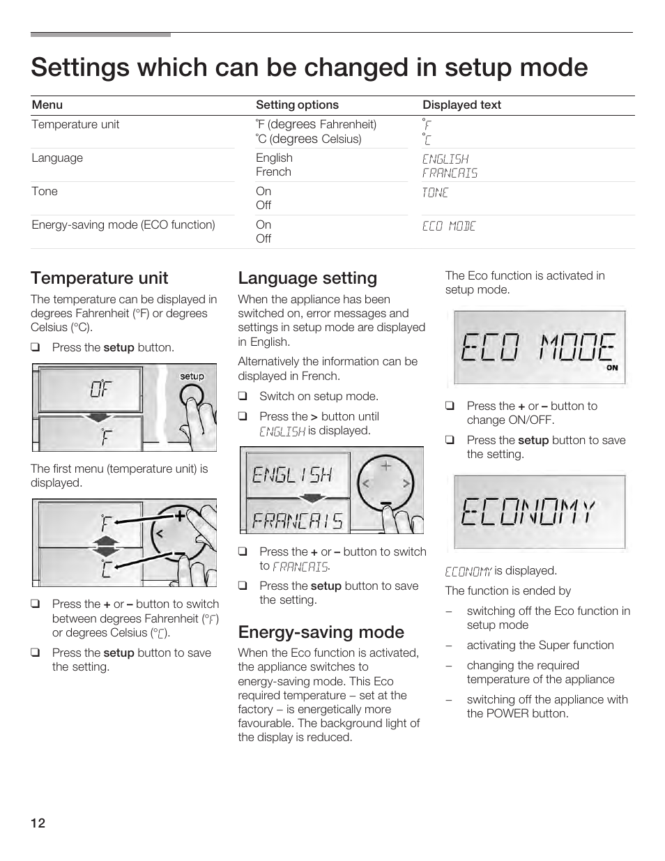 Settings which can be changed in setup mode, Temperature unit, Language setting | Energyćsaving mode | Bosch B24IF User Manual | Page 12 / 84