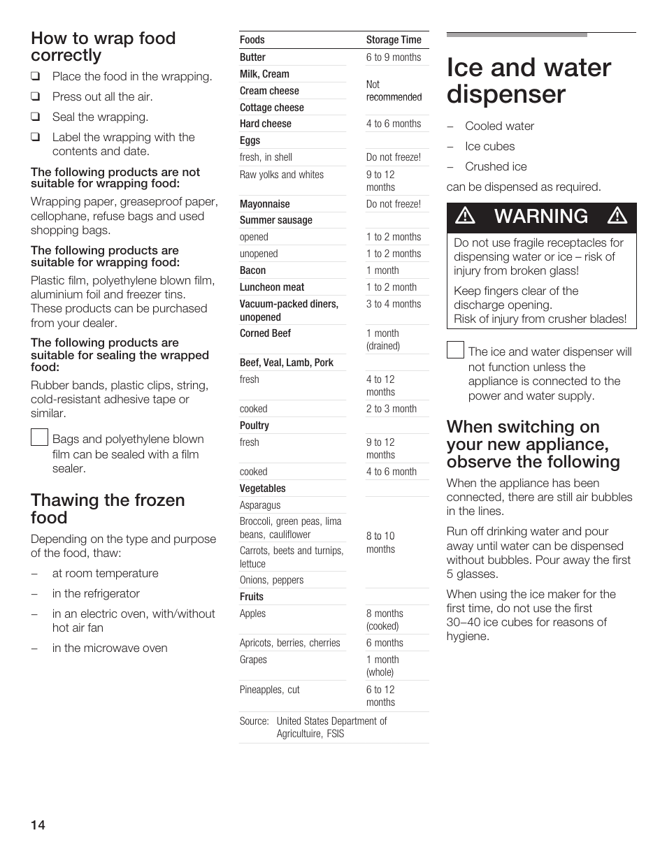 Ice and water dispenser, Warning, How to wrap food correctly | Thawing the frozen food | Bosch B24IF User Manual | Page 14 / 84