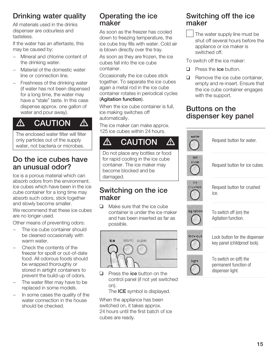 Caution, Drinking water quality, Do the ice cubes have an unusual odor | Operating the ice maker, Switching on the ice maker, Switching off the ice maker, Buttons on the dispenser key panel | Bosch B24IF User Manual | Page 15 / 84