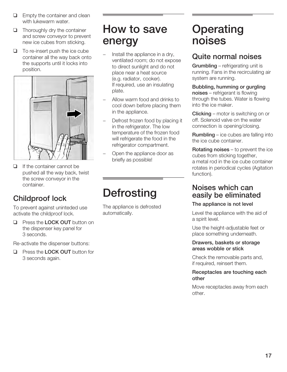 How to save energy, Defrosting, Operating noises | Childproof lock, Quite normal noises, Noises which can easily be eliminated | Bosch B24IF User Manual | Page 17 / 84