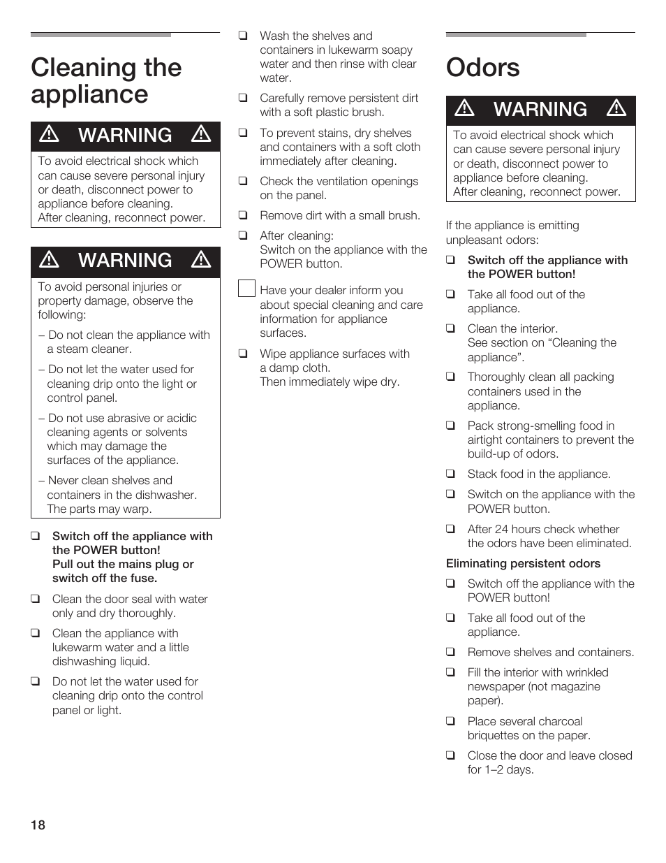 Cleaning the appliance, Odors, Warning | Bosch B24IF User Manual | Page 18 / 84