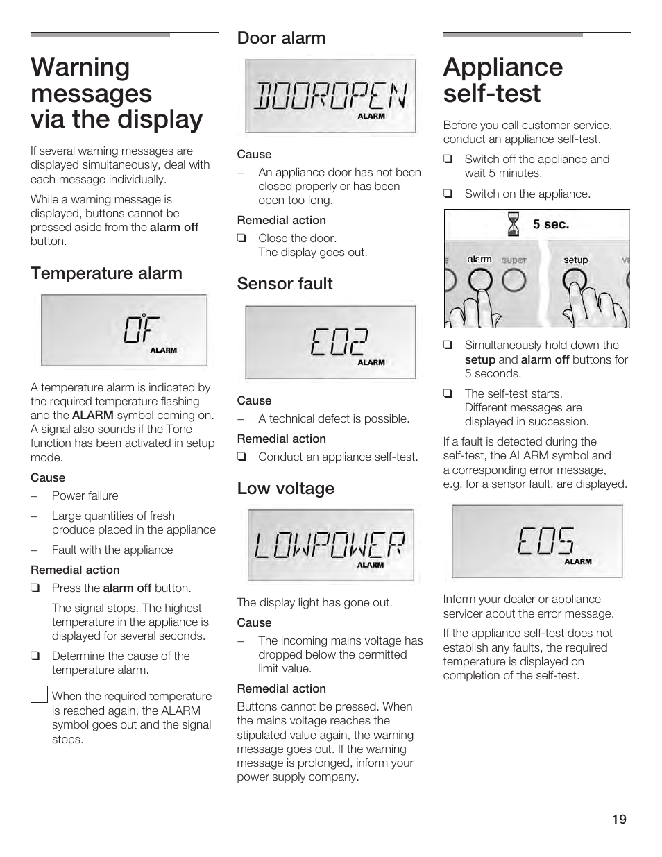 Warning messages via the display, Appliance selfćtest, Temperature alarm | Door alarm, Sensor fault, Low voltage | Bosch B24IF User Manual | Page 19 / 84