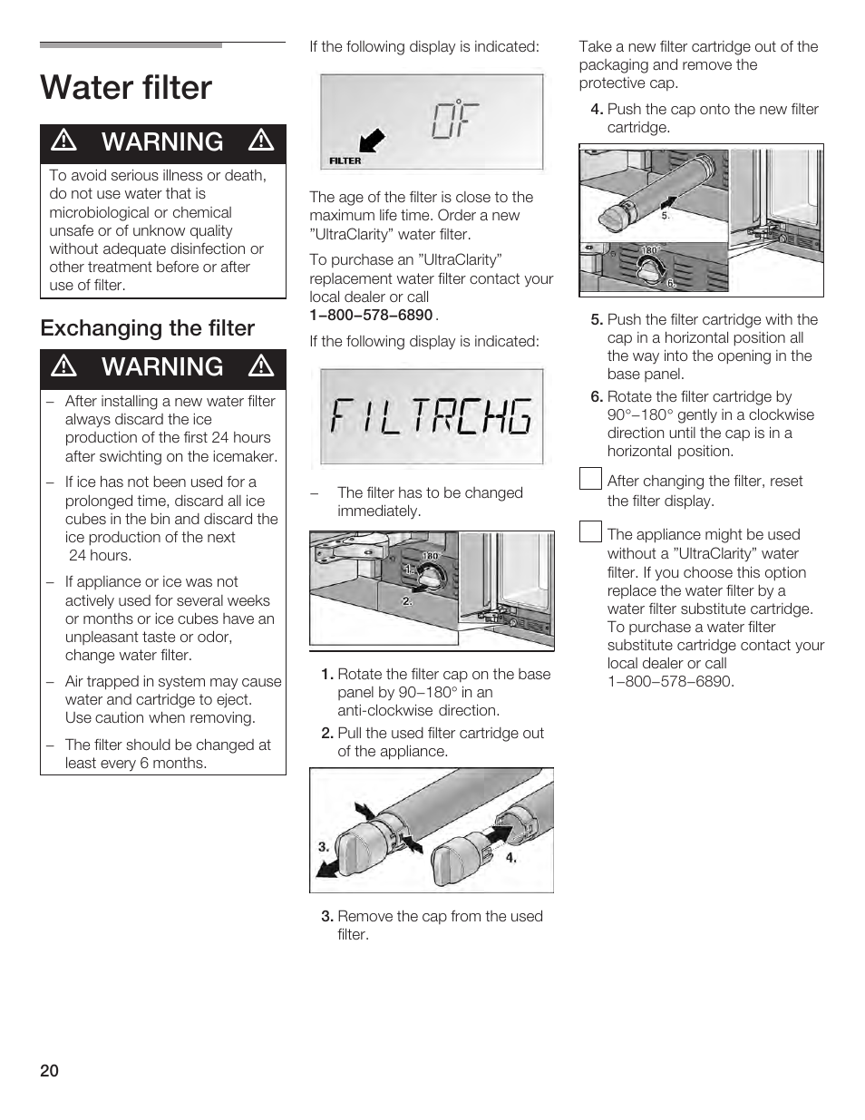 Water filter, Warning, Exchanging the filter | Bosch B24IF User Manual | Page 20 / 84