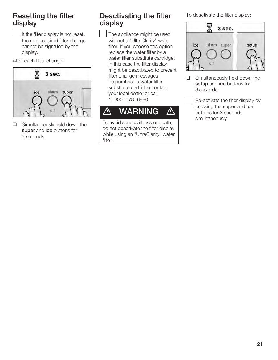 Warning, Resetting the filter display, Deactivating the filter display | Bosch B24IF User Manual | Page 21 / 84