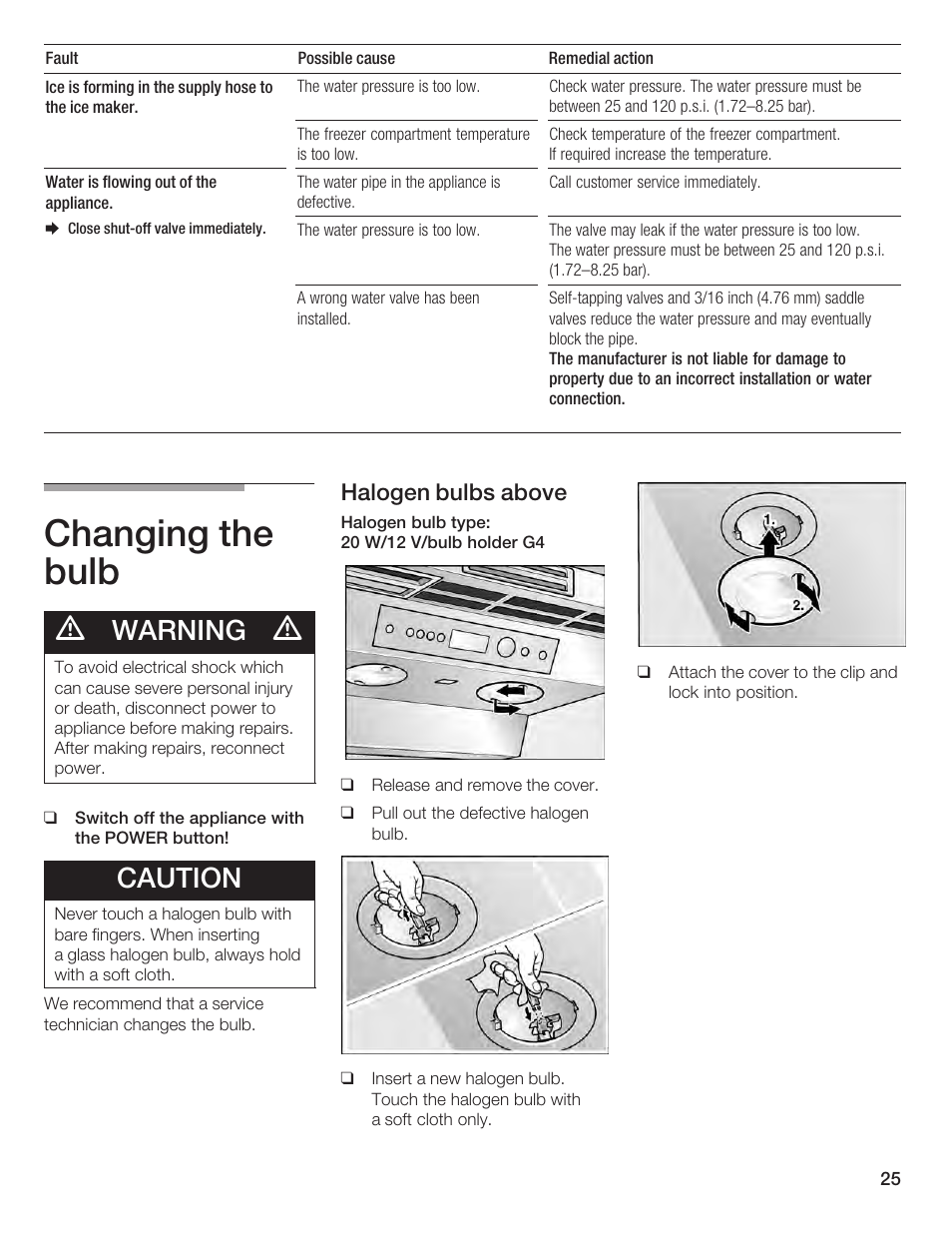 Changing the bulb, Warning, Caution | Halogen bulbs above | Bosch B24IF User Manual | Page 25 / 84