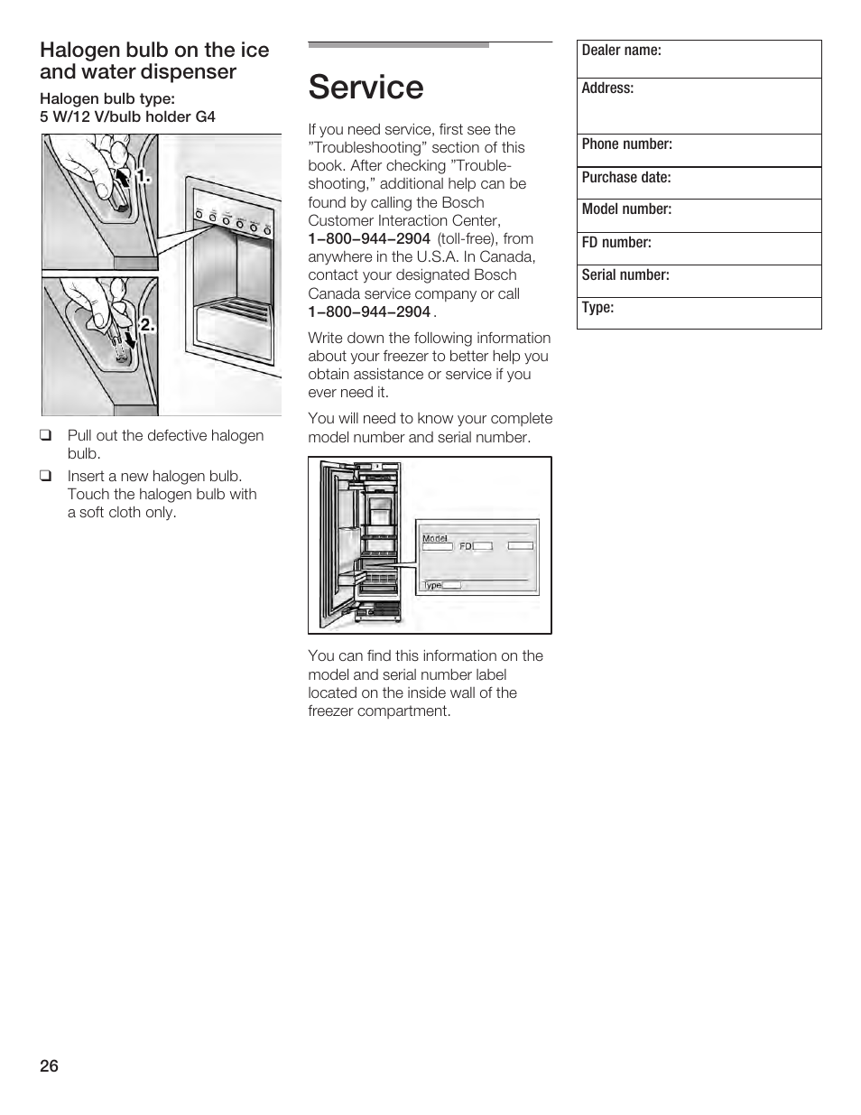 Service, Halogen bulb on the ice and water dispenser | Bosch B24IF User Manual | Page 26 / 84