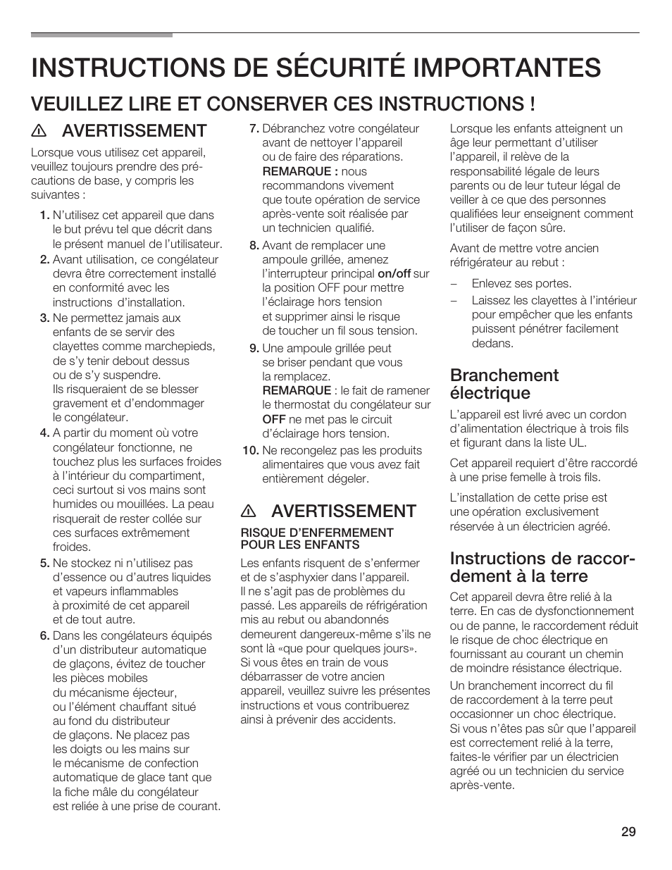 Instructions de sécurité importantes, Veuillez lire et conserver ces instructions, E avertissement | Branchement électrique, Instructions de raccorć dement à la terre | Bosch B24IF User Manual | Page 29 / 84