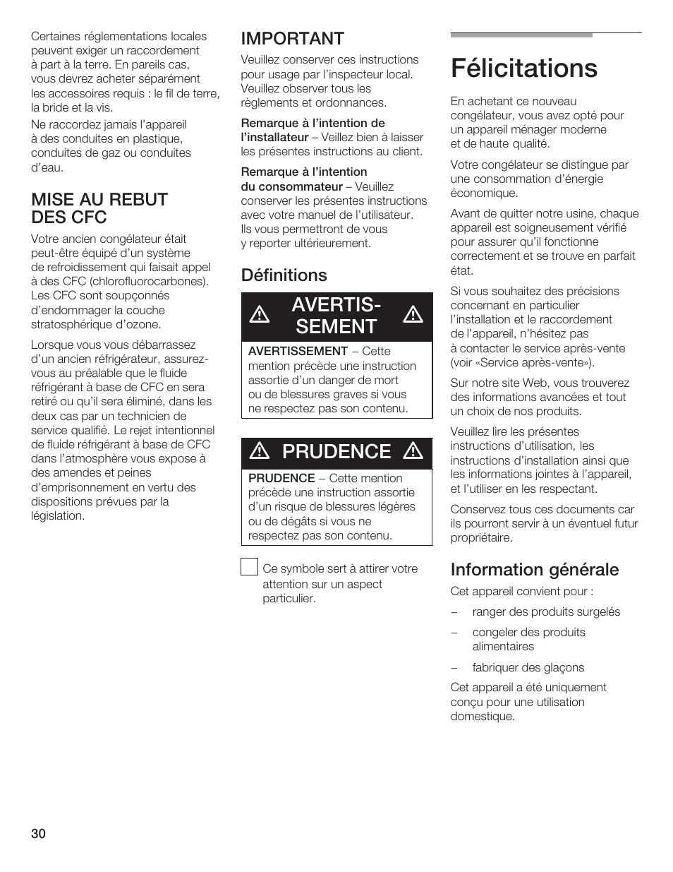 Félicitations, Avertisć sement, Prudence | Mise au rebut des cfc, Important, Définitions, Information générale | Bosch B24IF User Manual | Page 30 / 84