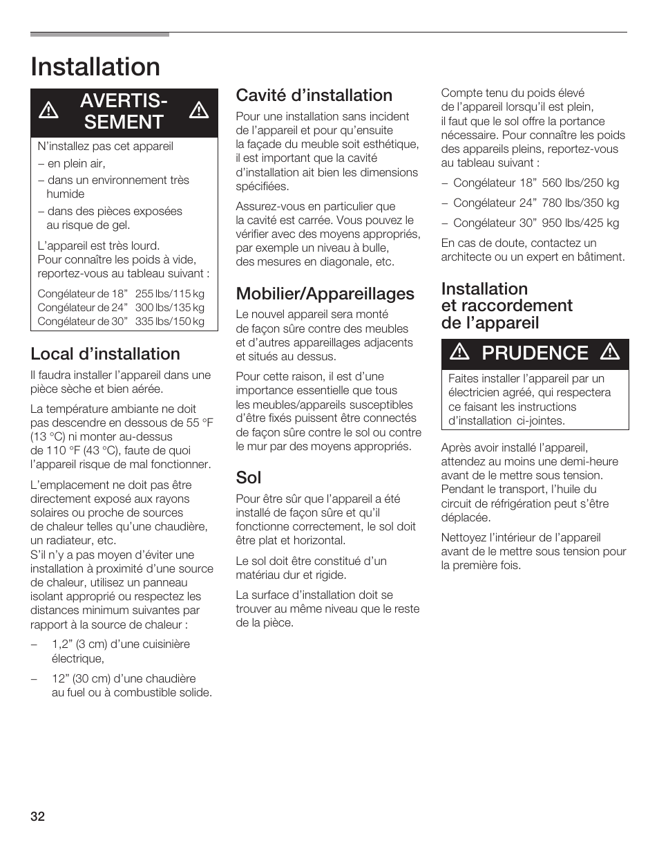 Installation, Avertisć sement, Prudence | Local d'installation, Cavité d'installation, Mobilier/appareillages, Installation et raccordement de l'appareil | Bosch B24IF User Manual | Page 32 / 84