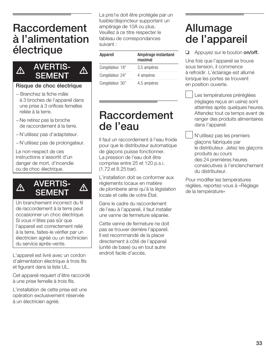 Raccordement à l'alimentation électrique, Raccordement de l'eau, Allumage de l'appareil | Avertisć sement | Bosch B24IF User Manual | Page 33 / 84