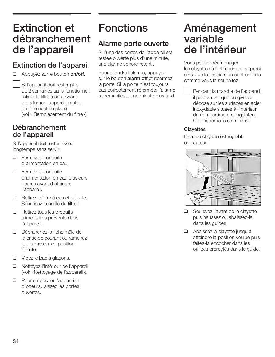 Extinction et débranchement de l'appareil, Fonctions, Aménagement variable de l'intérieur | Extinction de l'appareil, Débranchement de l'appareil, Alarme porte ouverte | Bosch B24IF User Manual | Page 34 / 84