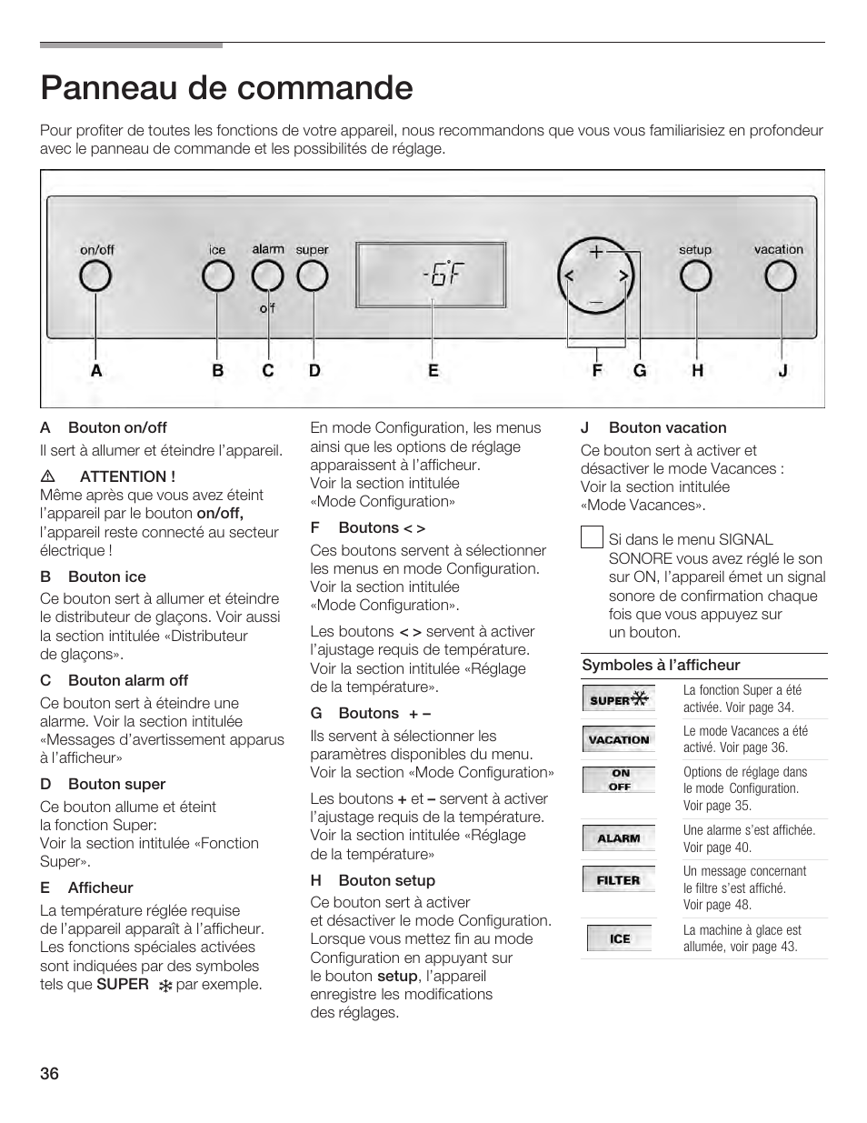 Panneau de commande | Bosch B24IF User Manual | Page 36 / 84