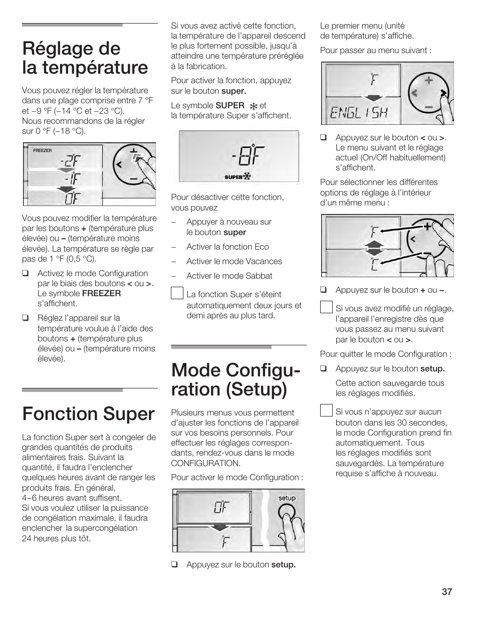 Réglage de la température, Fonction super, Mode configuć ration (setup) | Bosch B24IF User Manual | Page 37 / 84