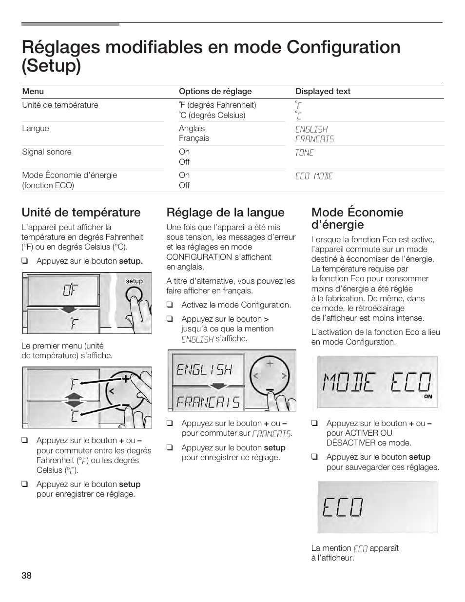 Réglages modifiables en mode configuration (setup), Unité de température, Réglage de la langue | Mode économie d'énergie | Bosch B24IF User Manual | Page 38 / 84