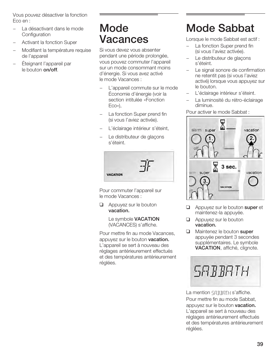 Mode vacances, Mode sabbat | Bosch B24IF User Manual | Page 39 / 84