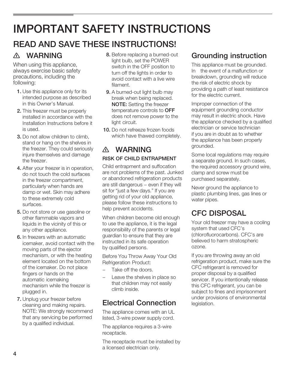 Important safety instructions, Read and save these instructions, E warning | Electrical connection, Grounding instruction, Cfc disposal | Bosch B24IF User Manual | Page 4 / 84