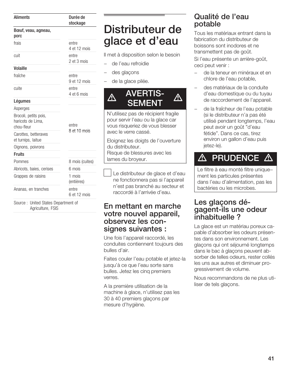 Distributeur de glace et d'eau, Avertisć sement, Prudence | Qualité de l'eau potable, Les glaçons déć gagentćils une odeur inhabituelle | Bosch B24IF User Manual | Page 41 / 84