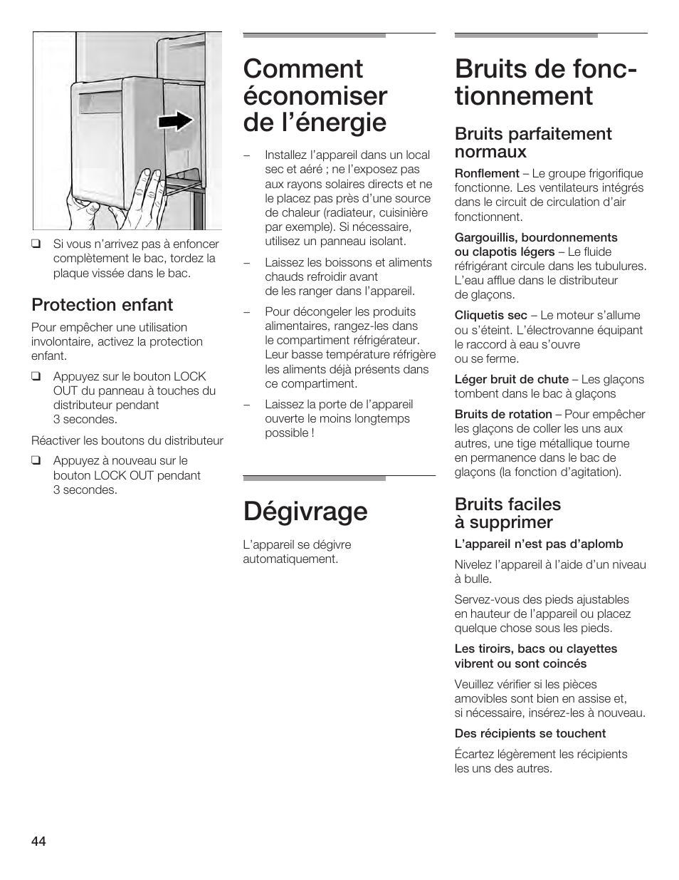 Comment économiser de l'énergie, Dégivrage, Bruits de foncć tionnement | Protection enfant, Bruits parfaitement normaux, Bruits faciles à supprimer | Bosch B24IF User Manual | Page 44 / 84