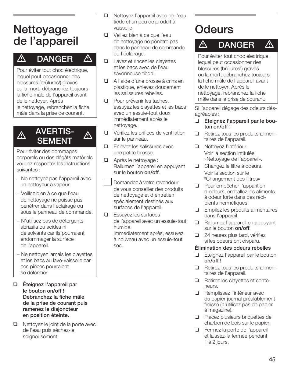 Nettoyage de l'appareil, Odeurs, Danger | Avertisć sement | Bosch B24IF User Manual | Page 45 / 84