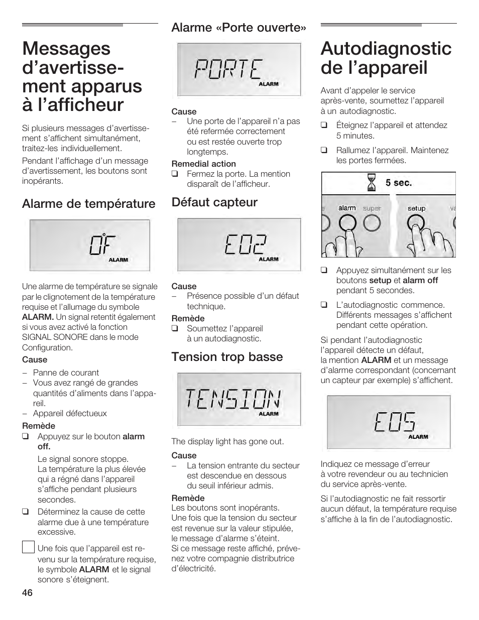 Messages d'avertisseć ment apparus à l'afficheur, Autodiagnostic de l'appareil, Alarme de température | Alarme «porte ouverte, Défaut capteur, Tension trop basse | Bosch B24IF User Manual | Page 46 / 84