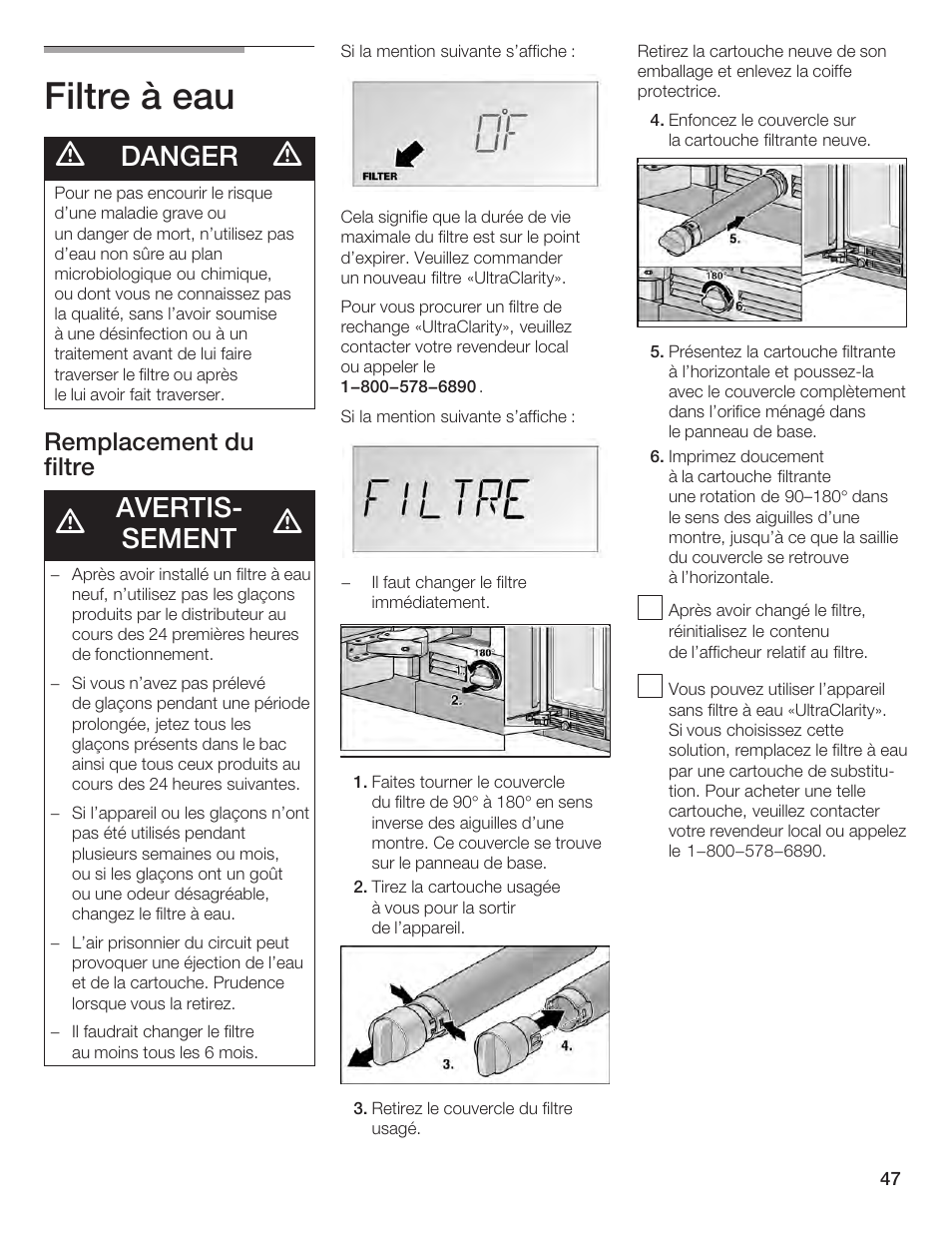 Filtre à eau, Danger, Avertisć sement | Remplacement du filtre | Bosch B24IF User Manual | Page 47 / 84