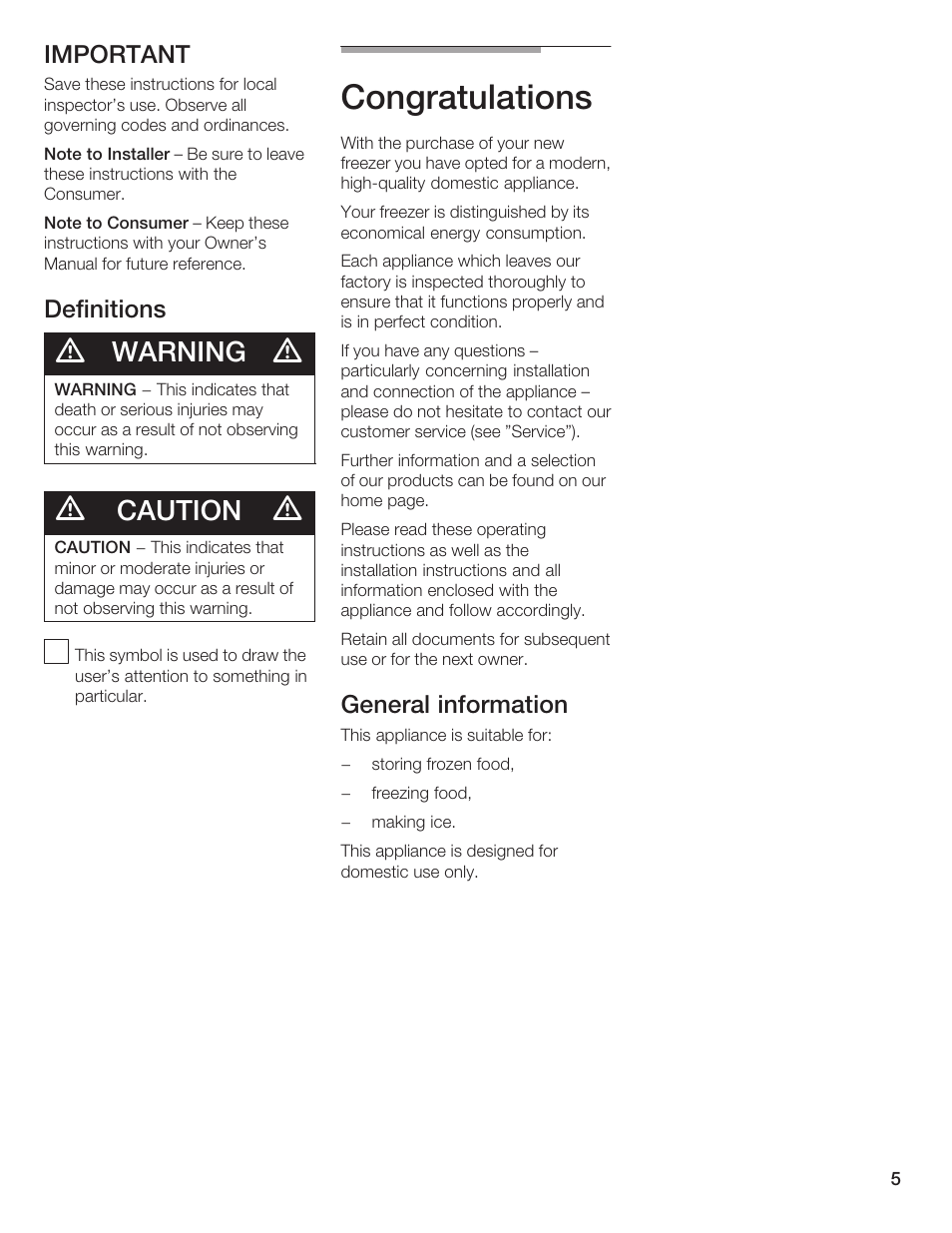 Warning, Caution, Important | Definitions, General information | Bosch B24IF User Manual | Page 5 / 84