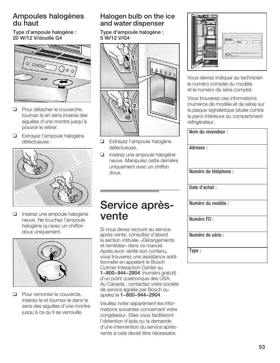 Service aprèsć vente, Ampoules halogènes du haut, Halogen bulb on the ice and water dispenser | Bosch B24IF User Manual | Page 53 / 84