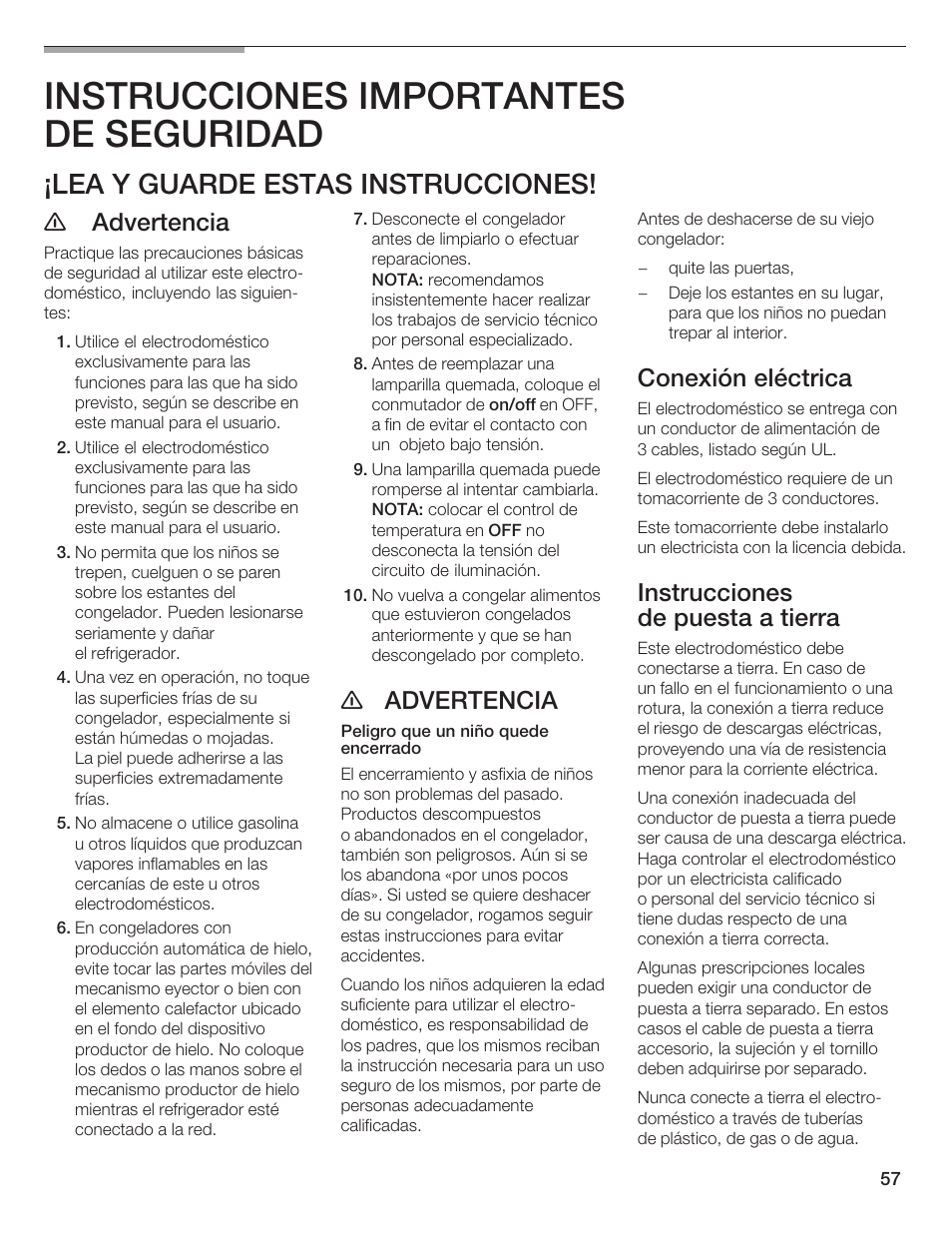 Instrucciones importantes de seguridad, Lea y guarde estas instrucciones, Advertencia | E advertencia, Conexión eléctrica, Instrucciones de puesta a tierra | Bosch B24IF User Manual | Page 57 / 84