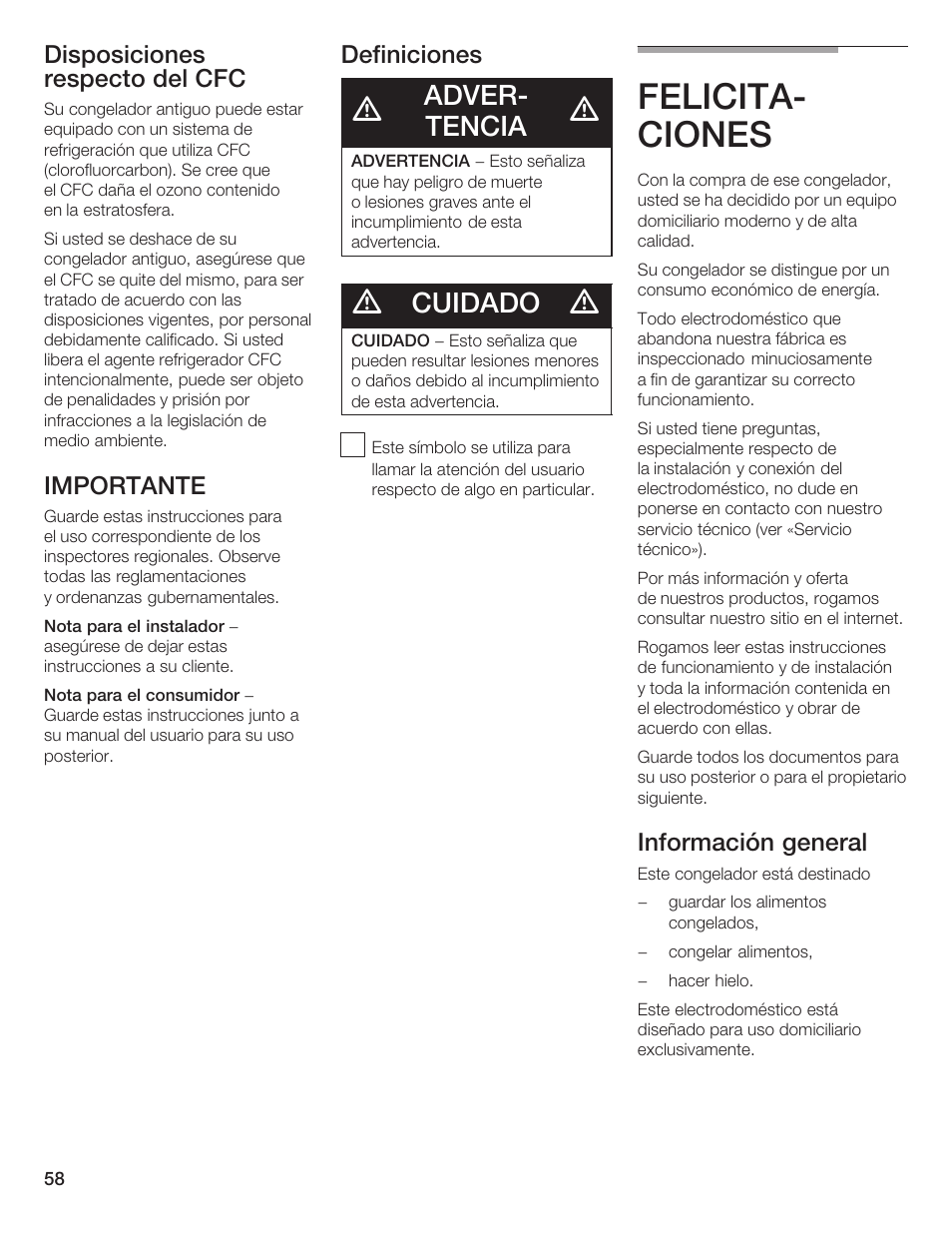 Felicitać ciones, Adverć tencia, Cuidado | Disposiciones respecto del cfc, Importante, Definiciones, Información general | Bosch B24IF User Manual | Page 58 / 84