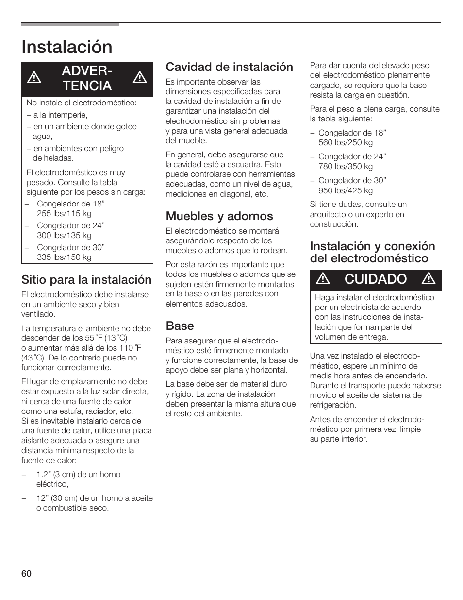 Instalación, Adverć tencia, Cuidado | Sitio para la instalación, Cavidad de instalación, Muebles y adornos, Base, Instalación y conexión del electrodoméstico | Bosch B24IF User Manual | Page 60 / 84
