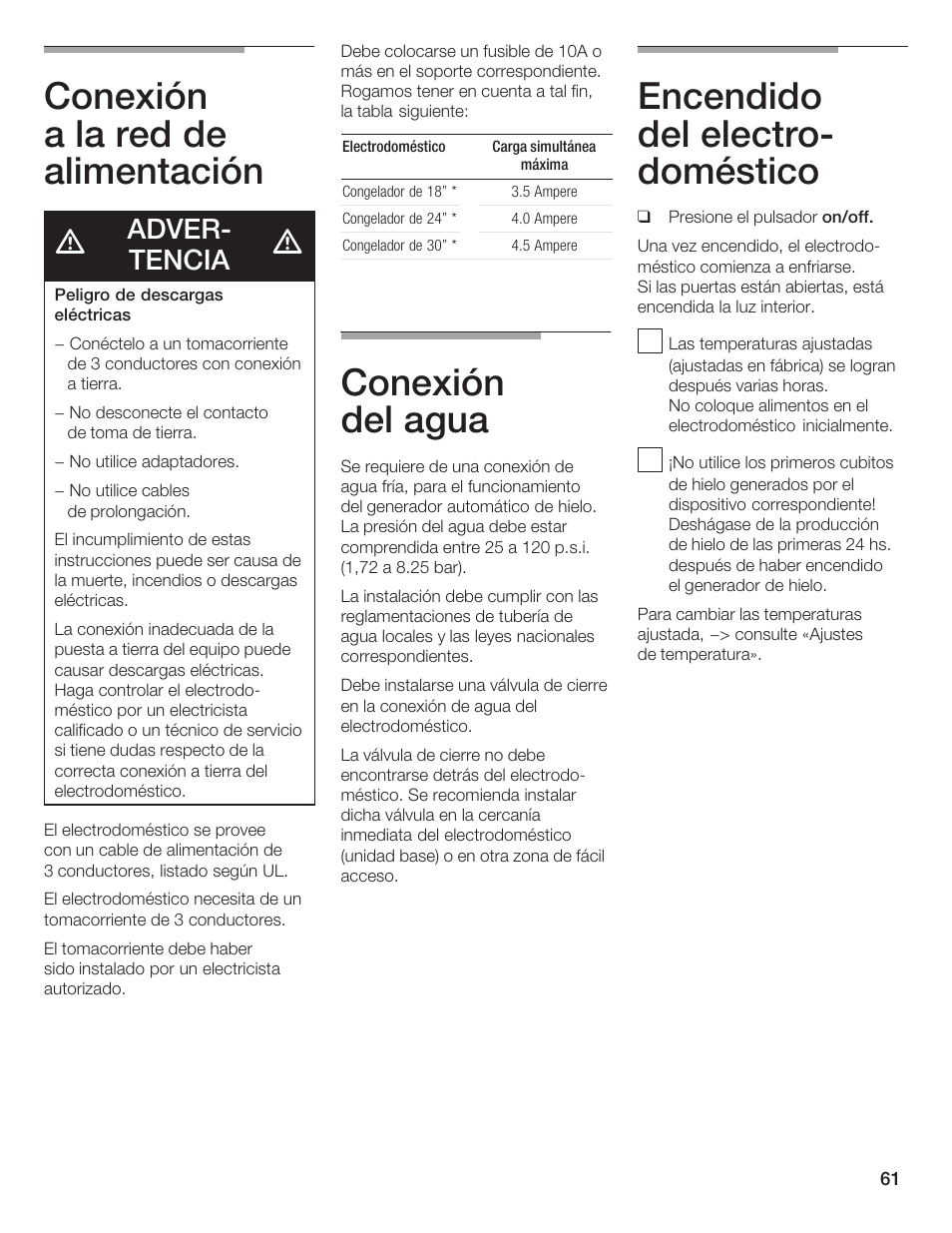Conexión a la red de alimentación, Conexión del agua, Encendido del electroć doméstico | Adverć tencia | Bosch B24IF User Manual | Page 61 / 84
