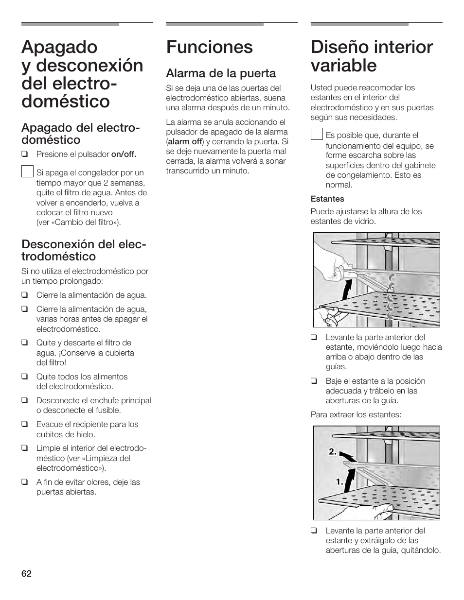 Apagado y desconexión del electroć doméstico, Funciones, Diseño interior variable | Apagado del electroć doméstico, Desconexión del elecć trodoméstico, Alarma de la puerta | Bosch B24IF User Manual | Page 62 / 84