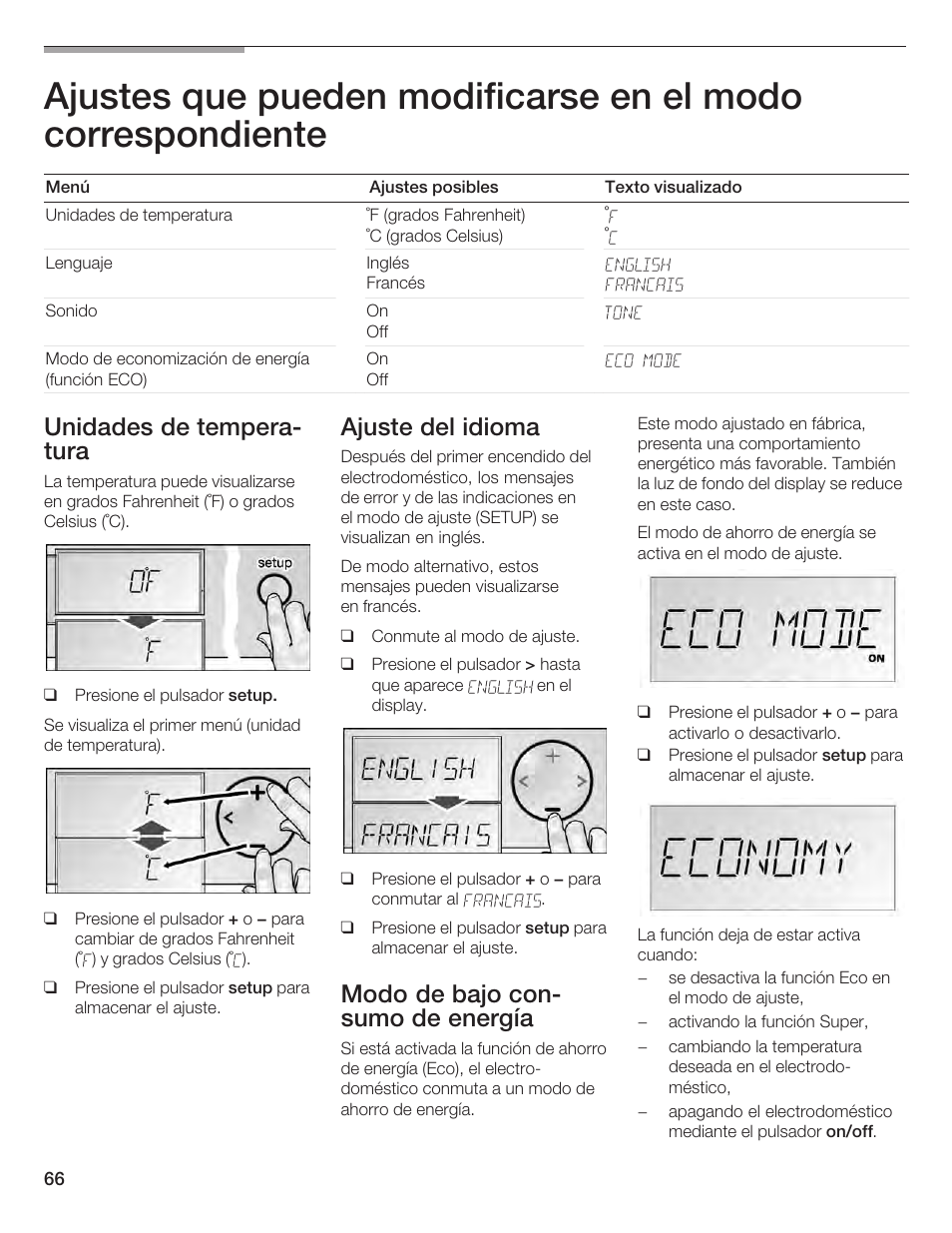 Unidades de temperać tura, Ajuste del idioma, Modo de bajo conć sumo de energía | Bosch B24IF User Manual | Page 66 / 84