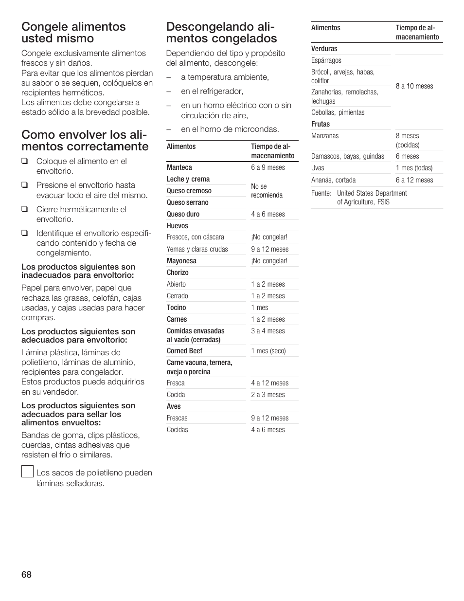 Congele alimentos usted mismo, Como envolver los alić mentos correctamente, Descongelando alić mentos congelados | Bosch B24IF User Manual | Page 68 / 84