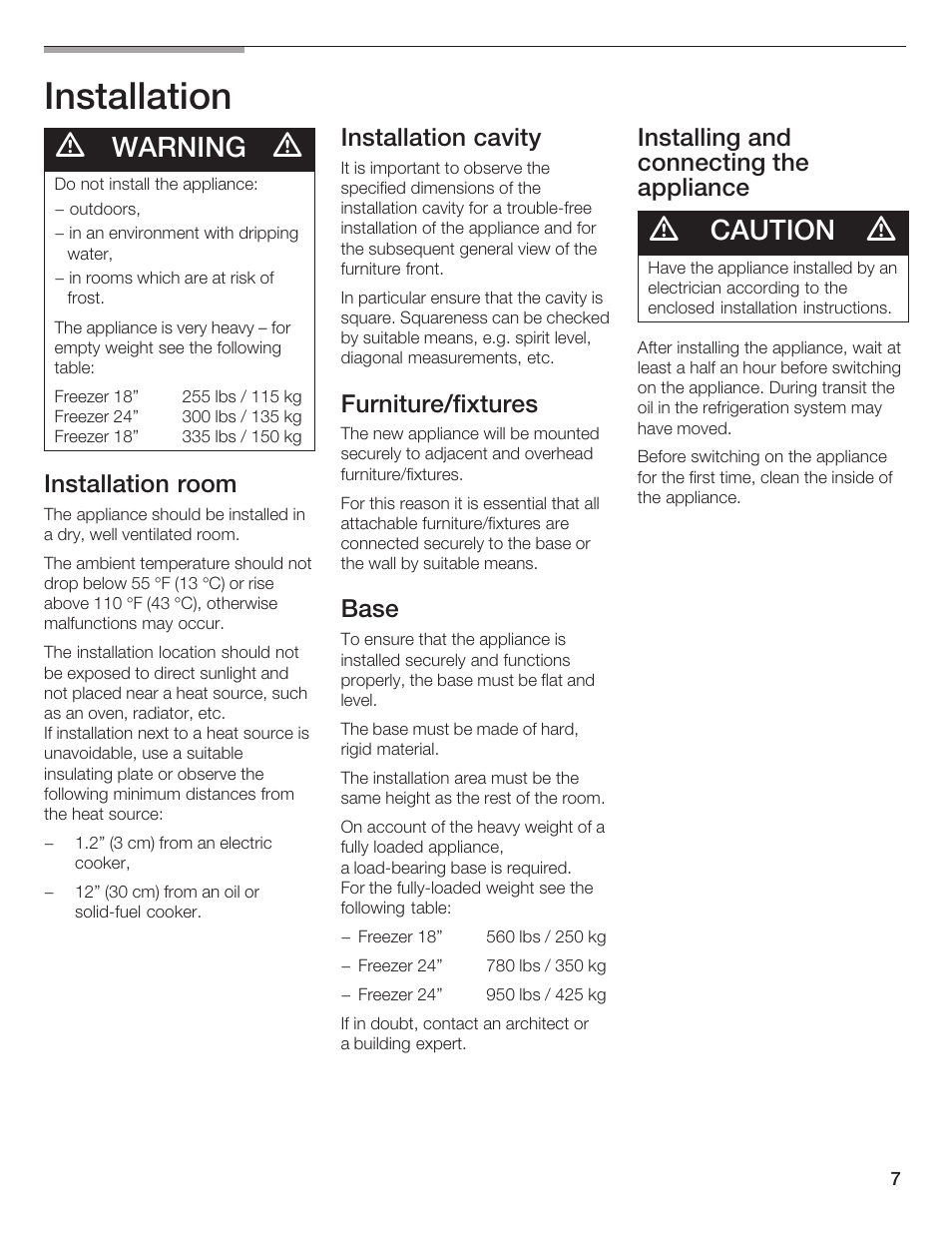 Installation, Warning, Caution | Installation room, Installation cavity, Furniture/fixtures, Base, Installing and connecting the appliance | Bosch B24IF User Manual | Page 7 / 84