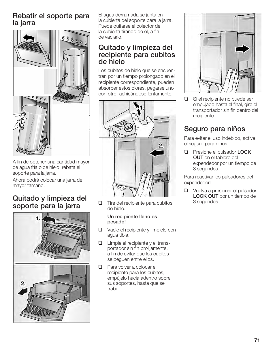 Rebatir el soporte para la jarra, Quitado y limpieza del soporte para la jarra, Seguro para niños | Bosch B24IF User Manual | Page 71 / 84