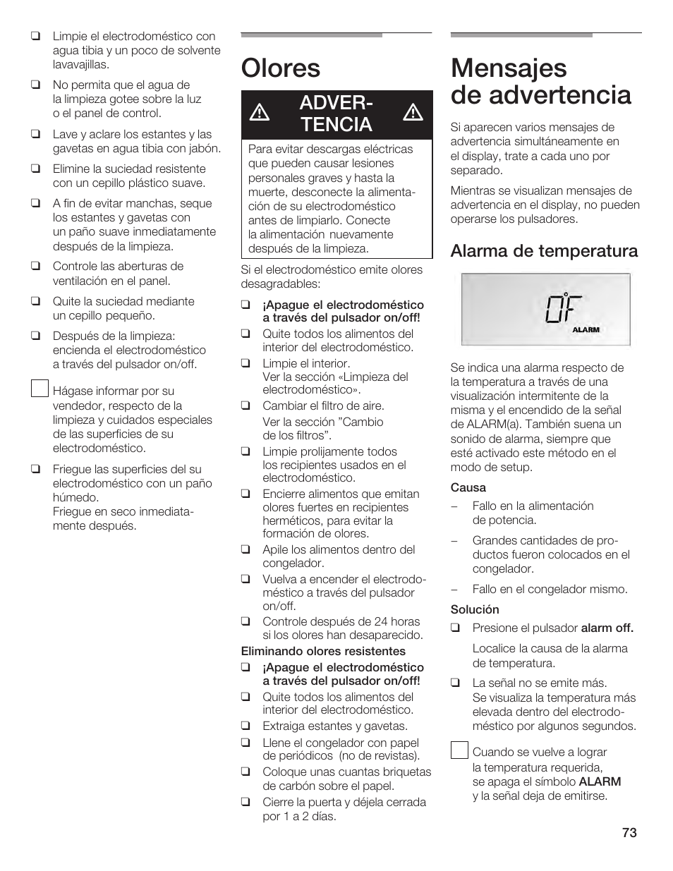 Olores, Mensajes de advertencia, Adverć tencia | Alarma de temperatura | Bosch B24IF User Manual | Page 73 / 84