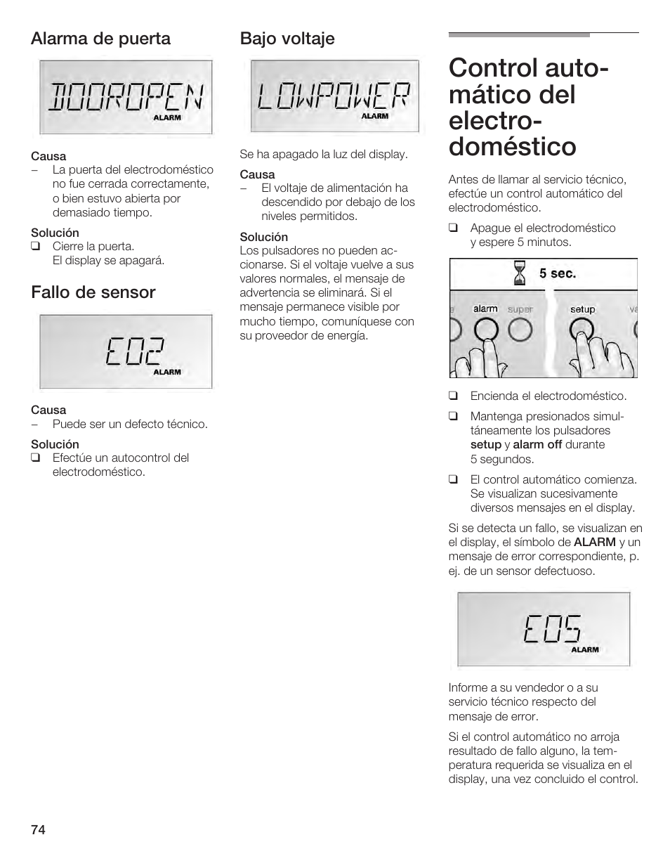 Control autoć mático del electroć doméstico, Alarma de puerta, Fallo de sensor | Bajo voltaje | Bosch B24IF User Manual | Page 74 / 84