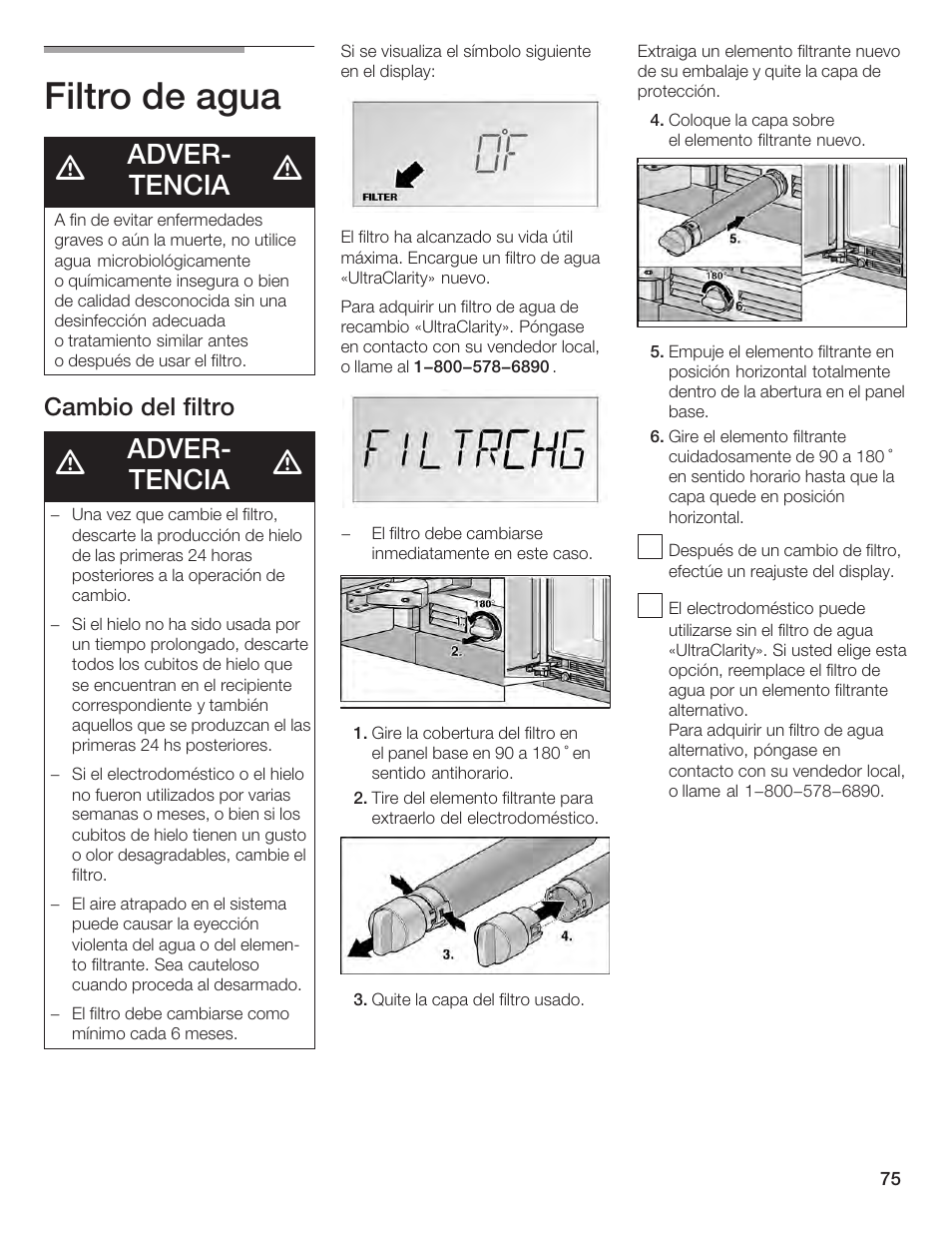 Filtro de agua, Adverć tencia, Cambio del filtro | Bosch B24IF User Manual | Page 75 / 84