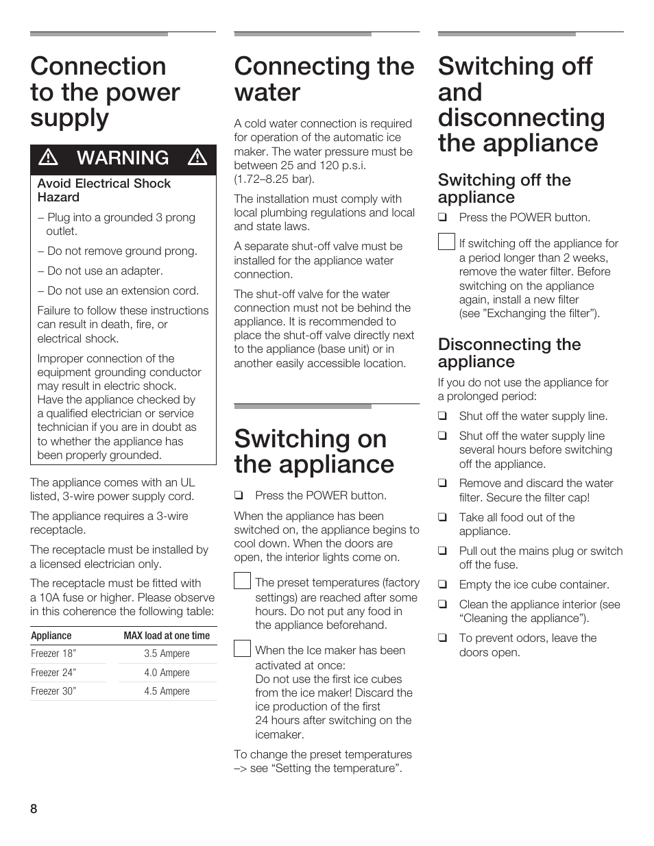 Connection to the power supply, Connecting the water, Switching on the appliance | Switching off and disconnecting the appliance, Warning, Switching off the appliance, Disconnecting the appliance | Bosch B24IF User Manual | Page 8 / 84