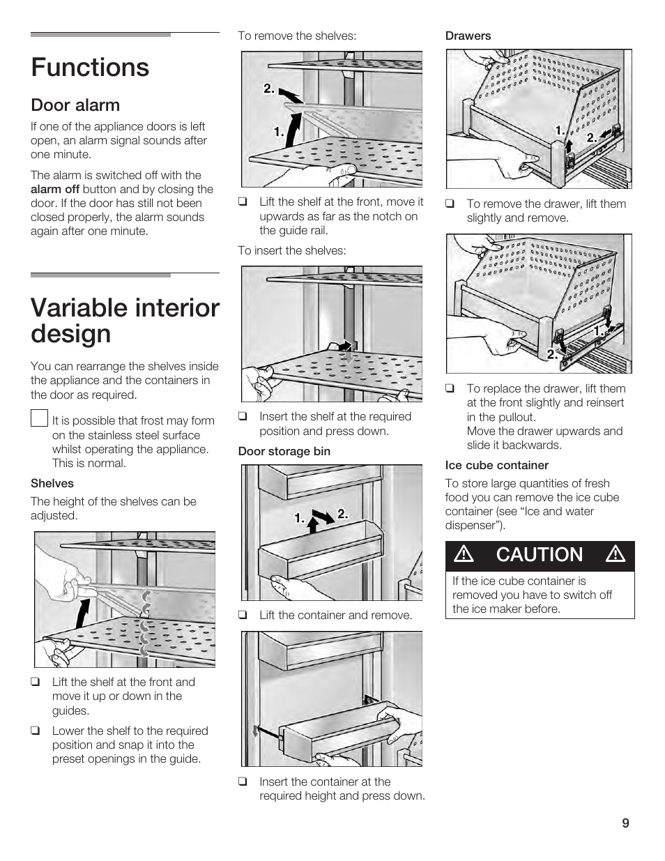 Functions, Variable interior design, Caution | Door alarm | Bosch B24IF User Manual | Page 9 / 84