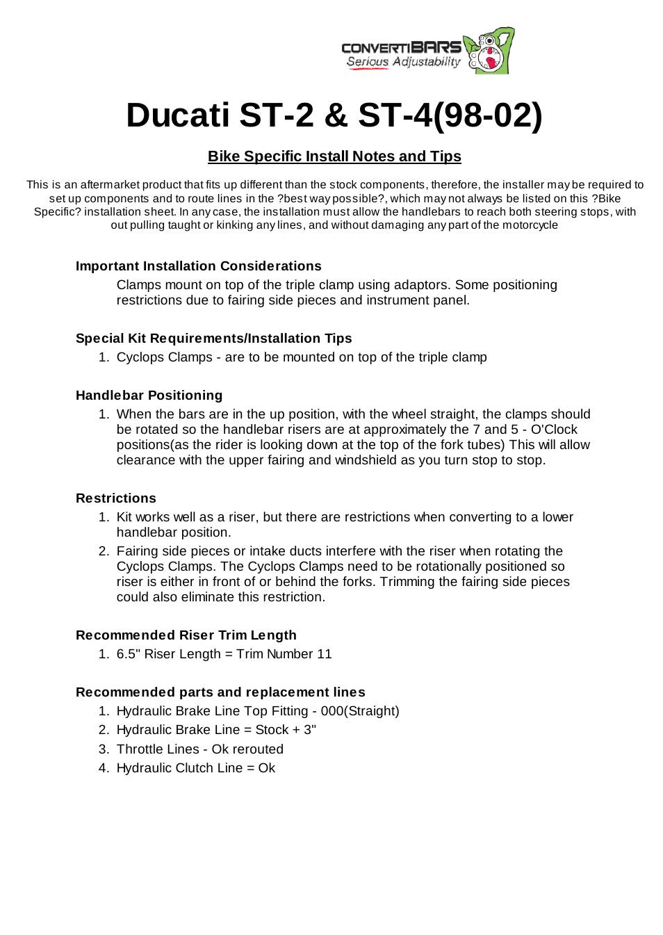 ConvertiBARS Ducati: ST-2 & ST-4(98-02) User Manual | 2 pages