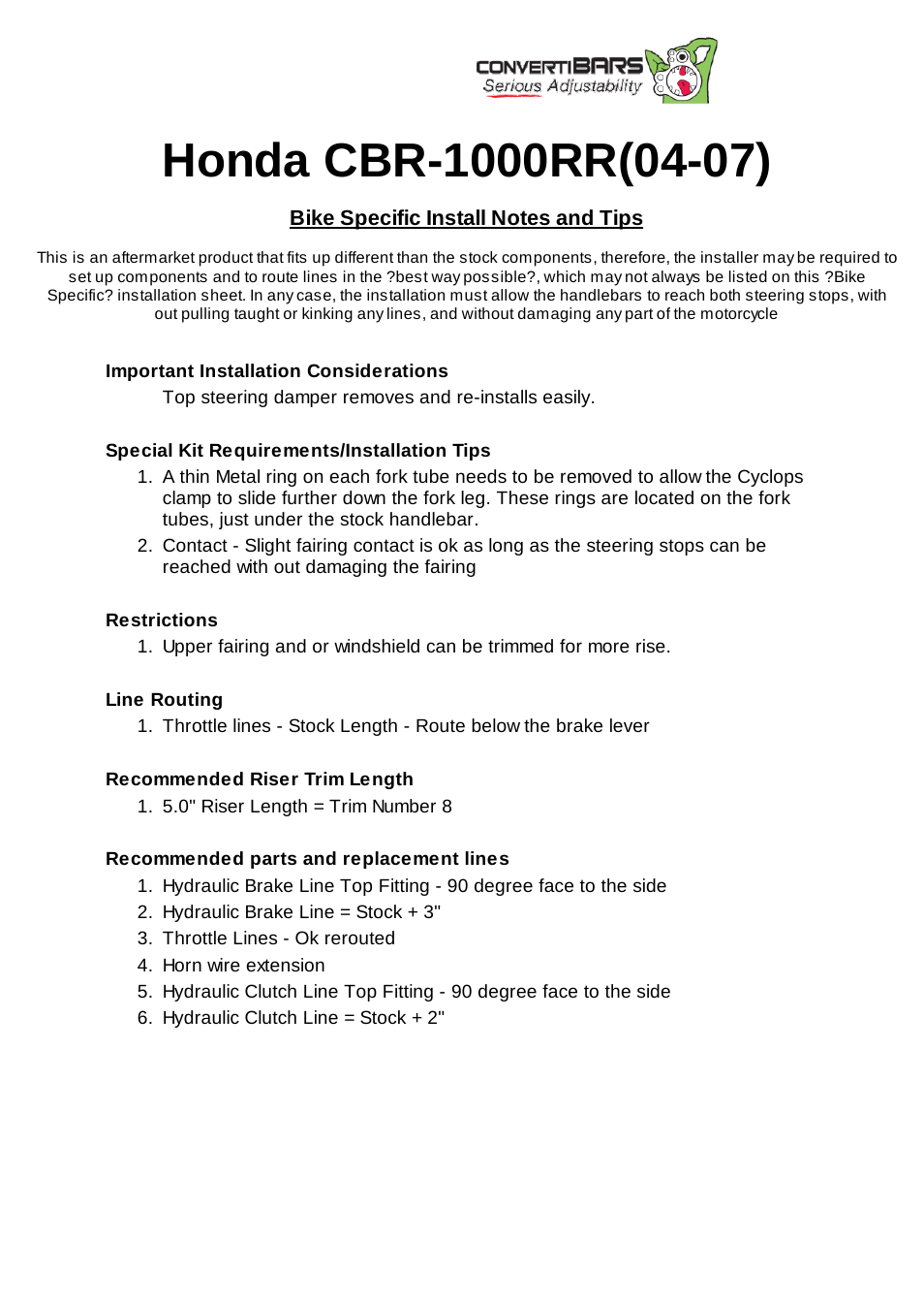 ConvertiBARS Honda: CBR-1000RR(04-07) User Manual | 2 pages