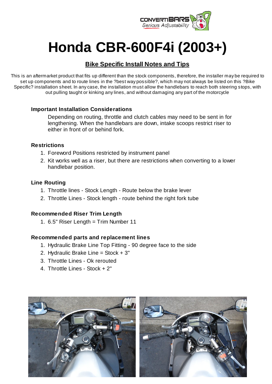 ConvertiBARS Honda: CBR-600F4i (2003+) User Manual | 2 pages