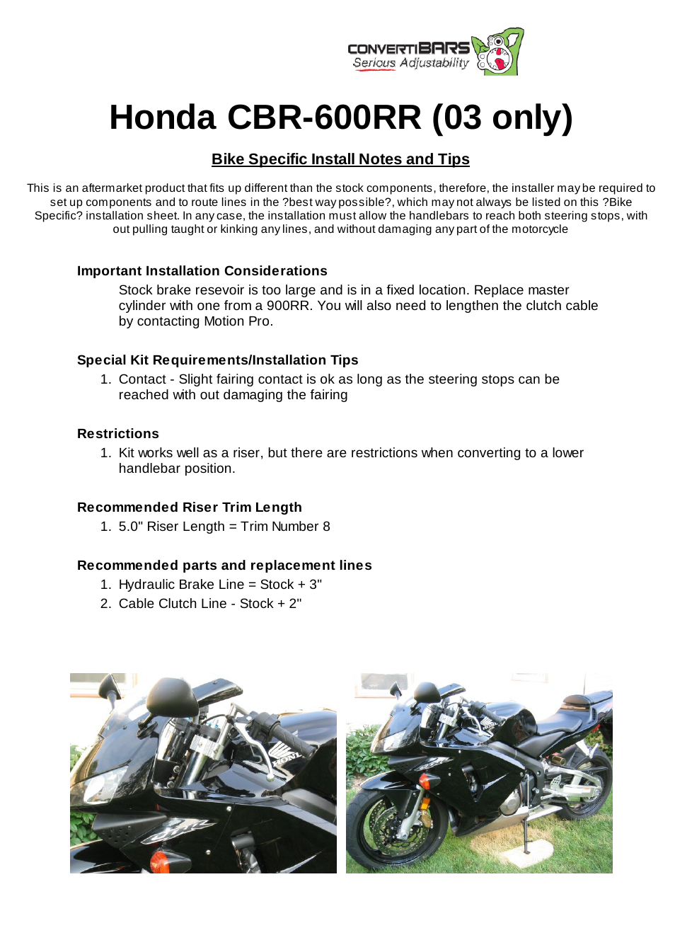 ConvertiBARS Honda: CBR-600RR (03 only) User Manual | 1 page